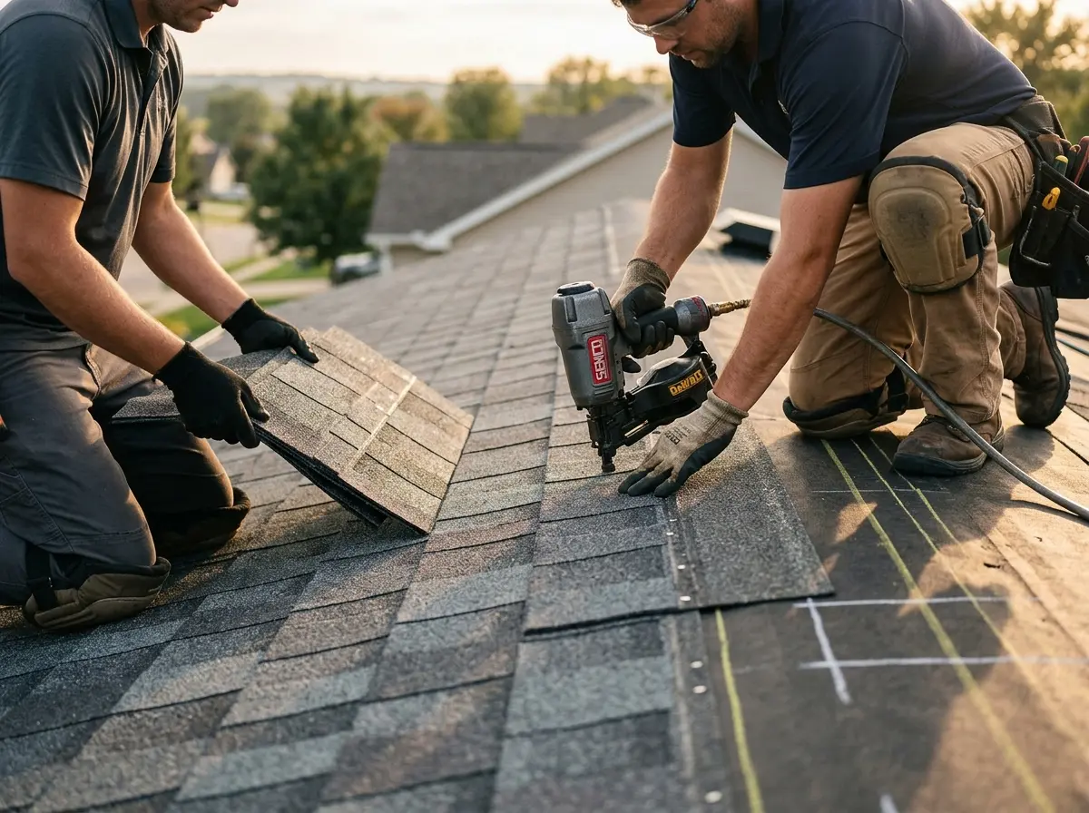 Professional roofer working on a residential roof in Hampstead